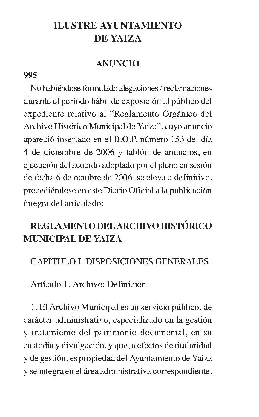 Reglamento del Archivo Histórico Municipal de Yaiza