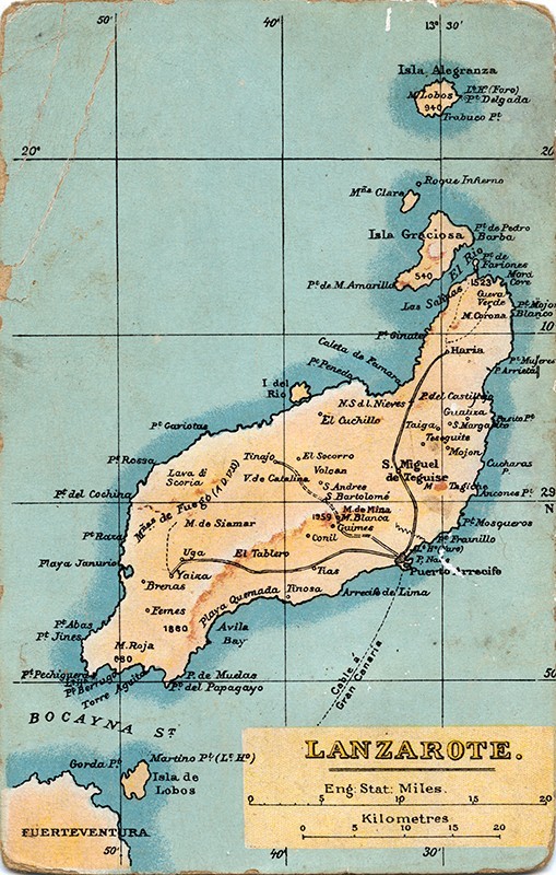 Postal turística con un mapa de Lanzarote