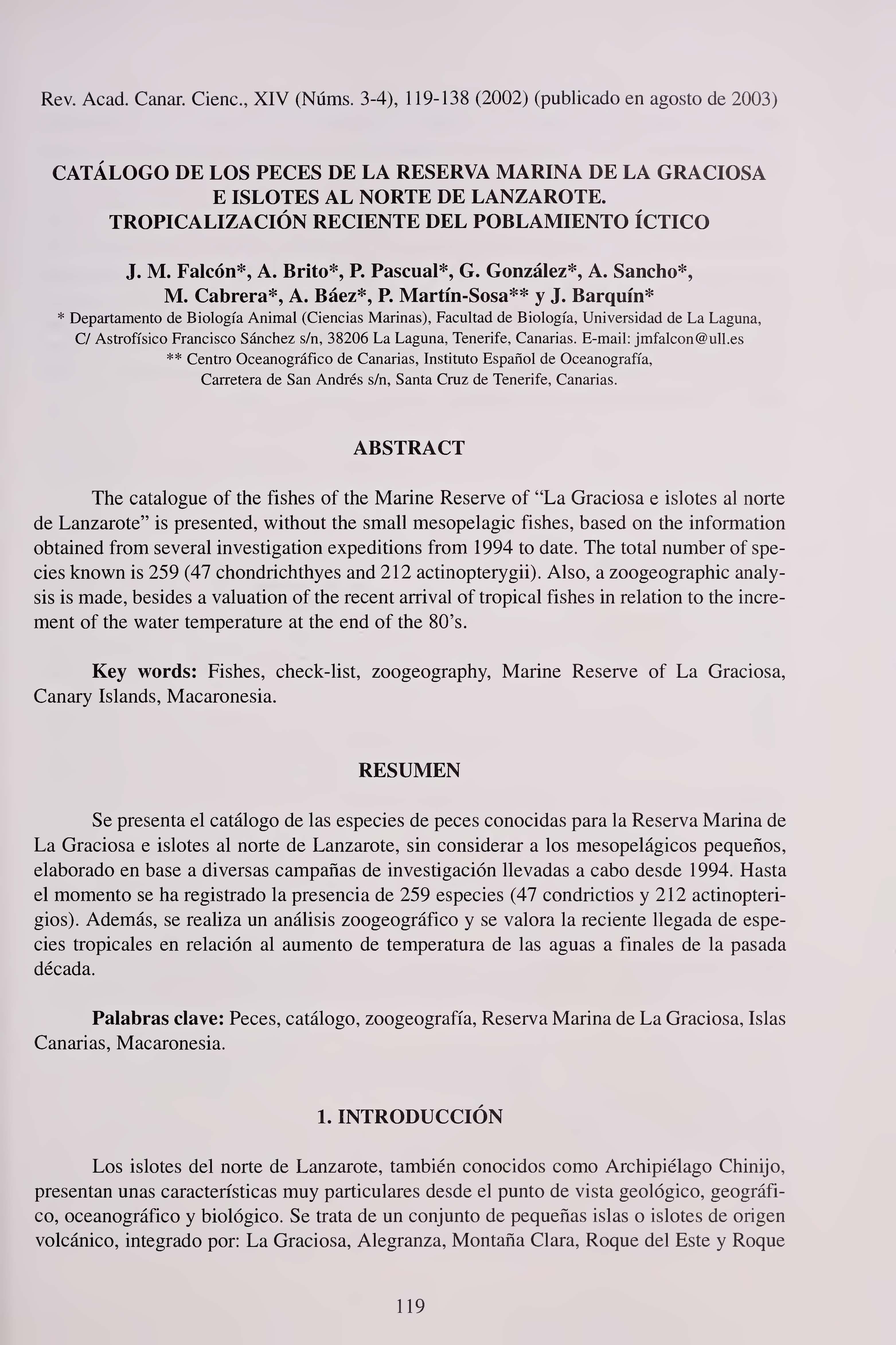 Catálogo de los peces de la reserva marina de La Graciosa e islotes al norte de Lanzarote: tropicalización reciente del poblamiento íctico